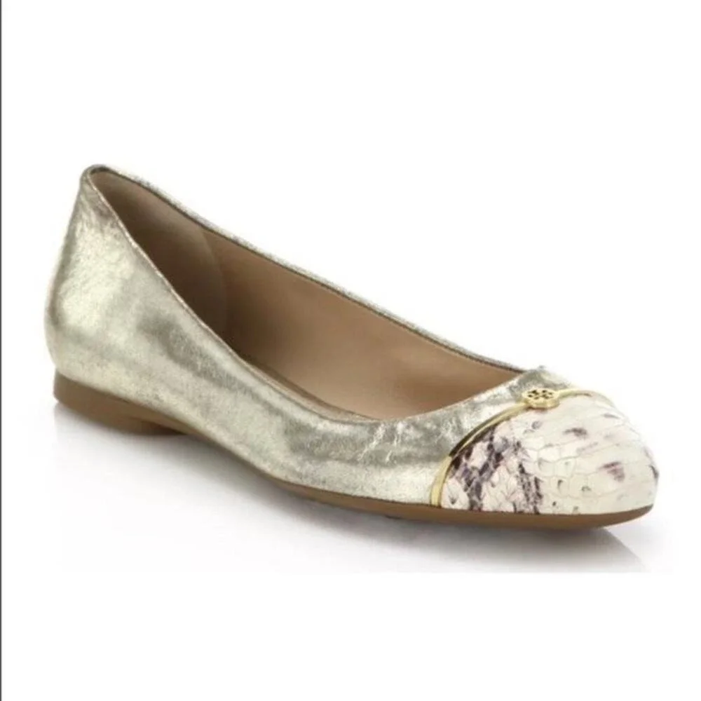 Tory Burch Size 9 Bar Logo Ballet Flat Champagne Natural Odyssey Karajah‎ Print